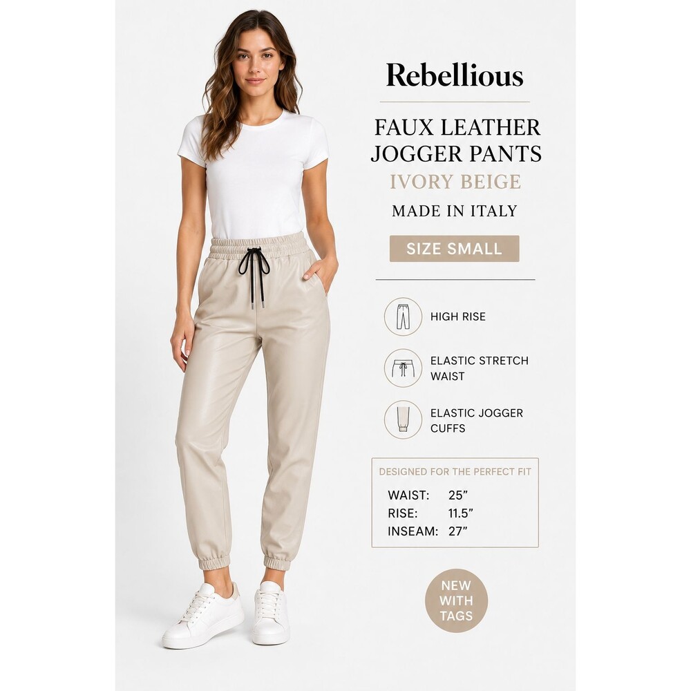 Made In Italy Faux Leather Jogger Pants Womens S Ivory Beige High Rise NWT